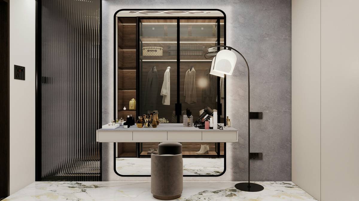 Elegant wooden vanity storage furniture with organized makeup drawers and visible brush holders